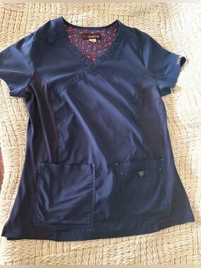 koi Navy Short-Sleeve Scrub Top with Red Heart-Print Trim